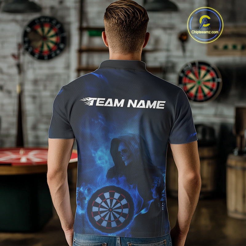 Custom Blue Flame Grim Reaper Skull Dart Men Polo Shirts, Halloween Dart Team Outfits IPHW10023