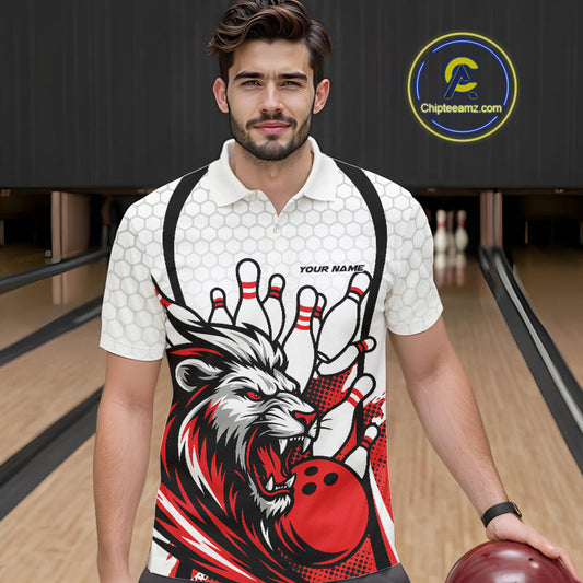 Custom Red Lion Bowling Men Polo Shirt, Lion Bowling Team League Shirt IPHW10124