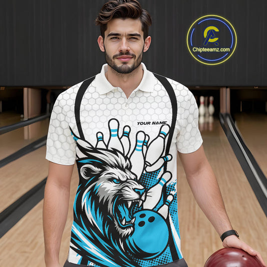 Custom Blue Lion Bowling Men Polo Shirt, Lion Bowling Team League Shirt IPHW10125
