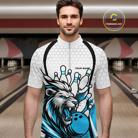 Custom Blue Lion Bowling Men Quarter-Zip Shirt, Lion Bowling Team League Shirt IPHW10125