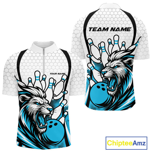 Custom Blue Lion Bowling Men Quarter-Zip Shirt, Lion Bowling Team League Shirt IPHW10125