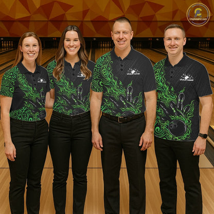 Custom Black And Green Tribal Flame Bowling Ball Bowling Team Shirts, Polynesian Bowling Tournament Shirt IPHW10504