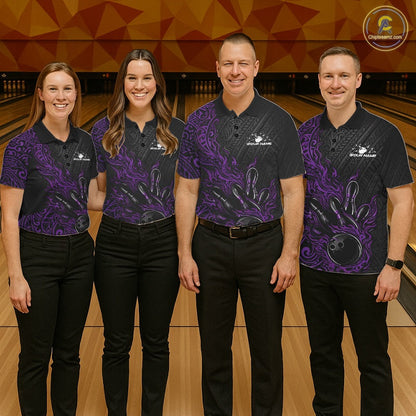Custom Black And Purple Tribal Flame Bowling Ball Bowling Team Shirts, Polynesian Bowling Tournament Shirt IPHW10505