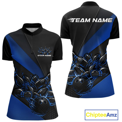 Womens quarter zip bowling shirt mockup, black and blue colorway showcasing flaming bowling ball hitting pins energetic design