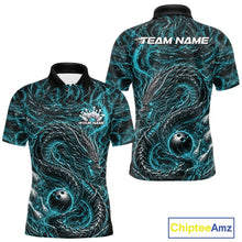Load image into Gallery viewer, Custom sublimated bowling polo shirt with an cyan blue oriental dragon design wrapping around a bowling ball