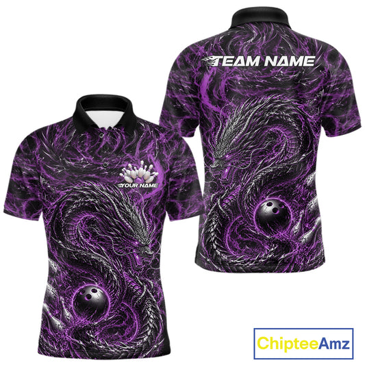 Custom sublimated bowling polo shirt with an purple oriental dragon design wrapping around a bowling ball