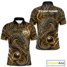 Load image into Gallery viewer, Custom sublimated bowling polo shirt with an yellow oriental dragon design wrapping around a bowling ball