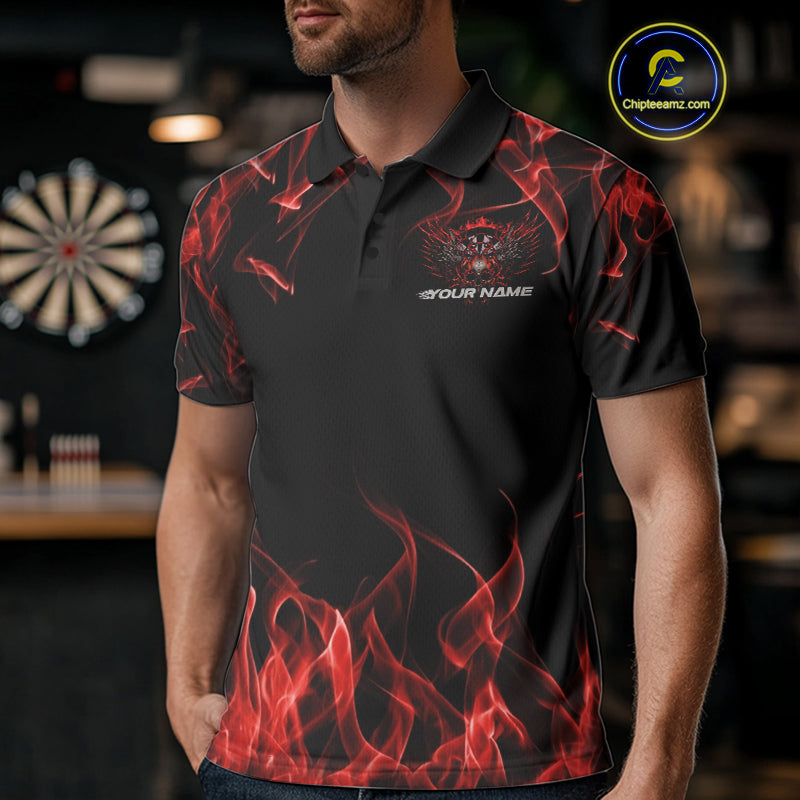 Custom Red Orange Flame Skull With Wings Dart Polo Shirt For Men, Halloween Dart Outfit IPHW10041