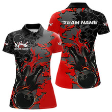 Load image into Gallery viewer, Custom Black And Red Flame Bowling Polo Shirts For Women, Bowling Tournament Team Uniform IPHW8616