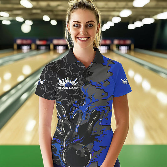 Custom Black And Blue Flame Bowling Polo Shirts For Women, Bowling Tournament Team Uniform IPHW8617