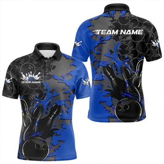 Custom Black And Blue Flame Bowling Polo Shirts For Men, Bowling Tournament Team Uniform IPHW8617