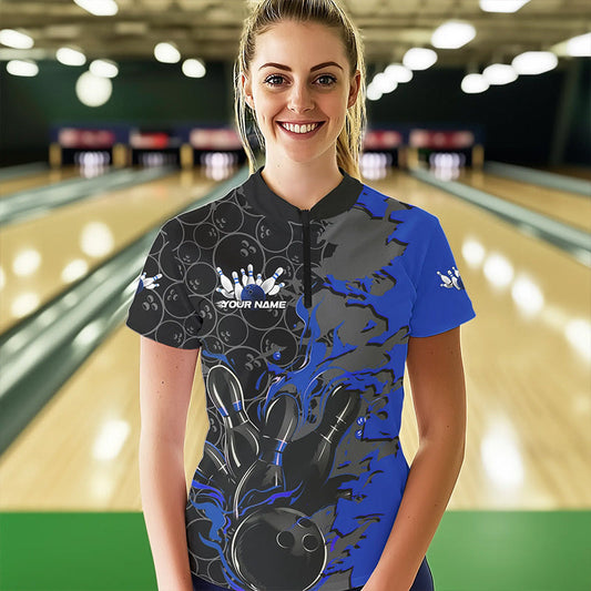Custom Black And Blue Flame Bowling Womens Quarter-Zip Shirt, Bowling Tournament Uniform IPHW8617