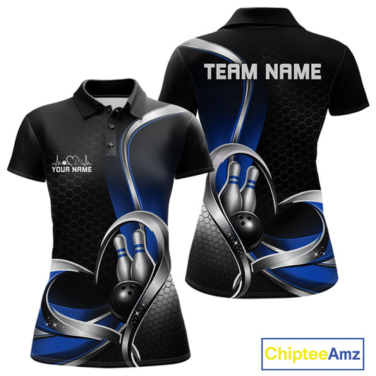 Front and back view of a womens bowling polo shirt mockup in black and blue, featuring a honeycomb pattern with a heart-shaped design around a black bowling ball and pins.