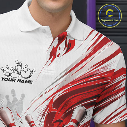 A close-up of a white short-sleeve polo shirt with bowling-themed graphics, including bowling pins, a bowling ball, a hand, and red abstract motion lines. The shirt has a customizable name printed on the left chest and a circular 'Chipteamz.