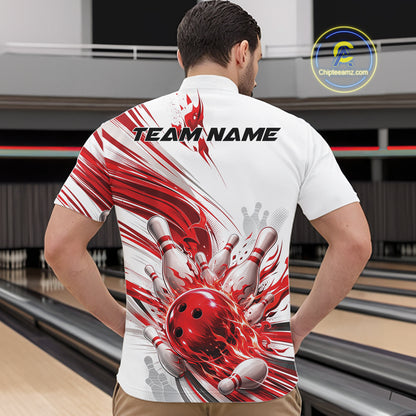Custom White And Red Flame Bowling Team Jerseys, Bowling League Men Quarter Zip Shirt IPHW11642
