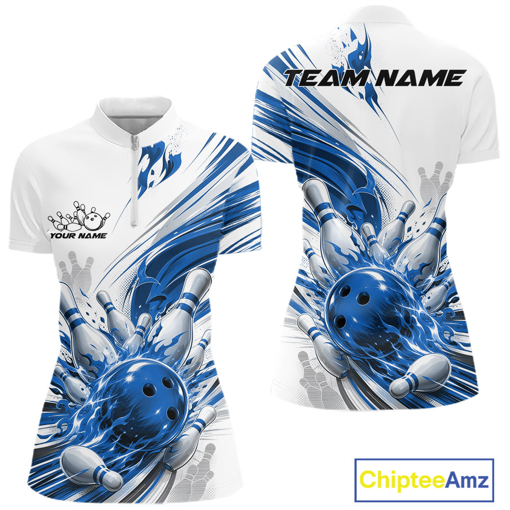A front and back view of a women's short-sleeve polo shirt with a blue and white bowling-themed graphic print. The front features a white upper section with a half-zip collar, a black 'YOUR NAME' placeholder on the left chest, and a large blue bowling pin and ball graphic on the lower front.