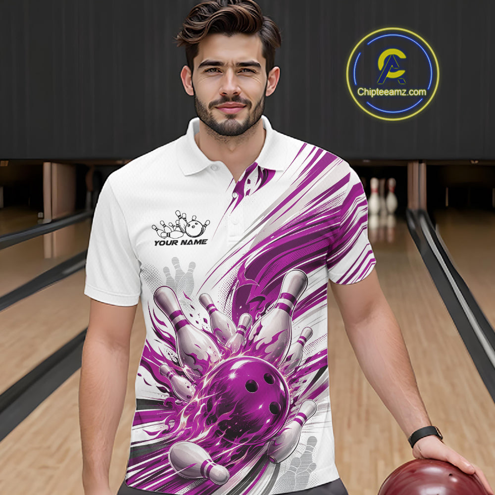 Custom White And Purple Flame Bowling Team Jerseys, Bowling League Men Polo Shirt IPHW11644