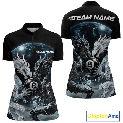 Front and back views of a black short-sleeve shirt with a detailed 3D dragon and billiards graphic. The back features 'TEAM NAME' printed in white at the collar, and the front has 'YOUR NAME' near the chest.