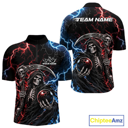 A short-sleeve quarter-zip shirt shown from both front and back, featuring a dark grim reaper graphic with a scythe, skeleton, red lightning, and blue lightning on a black background. The front has placeholder text 'YOUR NAME' and 'TEAM NAME' on the back