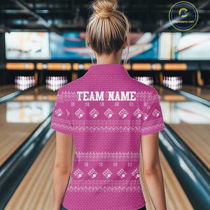 Custom Funny Santa Christmas Women Bowling Quarter-Zip Shirts, Magenta Xmas Team Outfit IPHW10144