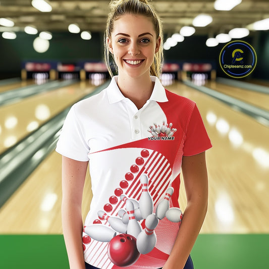 Female model in a bowling lane wearing a white and red polo shirt with geometric wavy stripe accents and a bowling strike illustration.