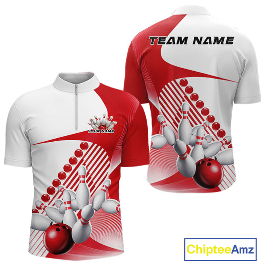 Front and back view of a mens bowling quarter zip shirt mockup in white and red, featuring wavy geometric stripes with a bowling strike motion graphic.