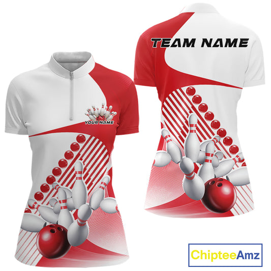 Front and back mockup of a women s white and red bowling quarter zip featuring asymmetric wavy geometric stripes and a dynamic bowling strike graphic.