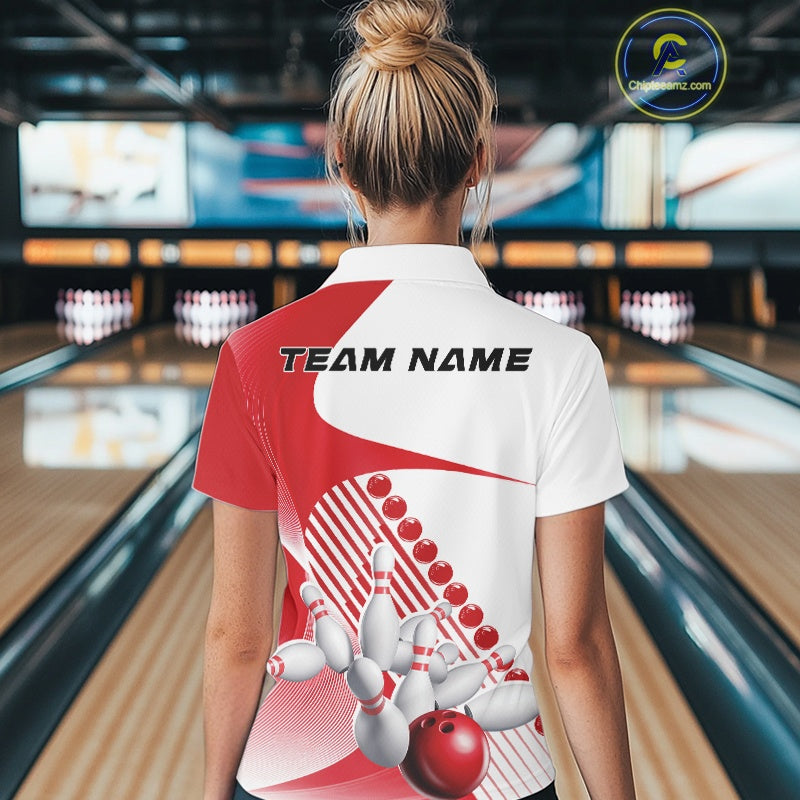 Back view of a women s white and red bowling quarter zip displaying asymmetric wavy stripe graphics and a dynamic bowling strike motif at the bowling lane.