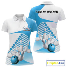 Load image into Gallery viewer, Custom White And Light Blue Bowling Ball And Pins Women Polo Shirt, Bowling Team Jerseys IPHW11321