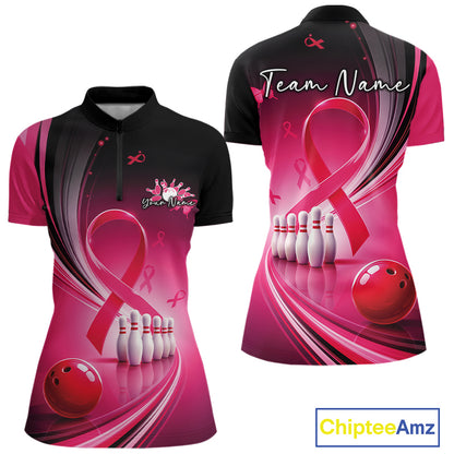 Front and back mockup of a women's black and pink bowling quarter zip featuring breast cancer awareness ribbons and bowling-themed artwork