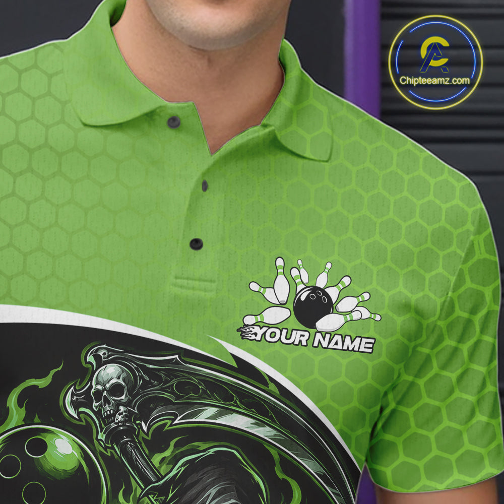 A close-up of a man wearing a bright green short-sleeve polo shirt with a subtle honeycomb pattern, featuring a custom bowling-themed graphic on the chest with a bowling ball, pins, and placeholder text 'YOUR NAME'.