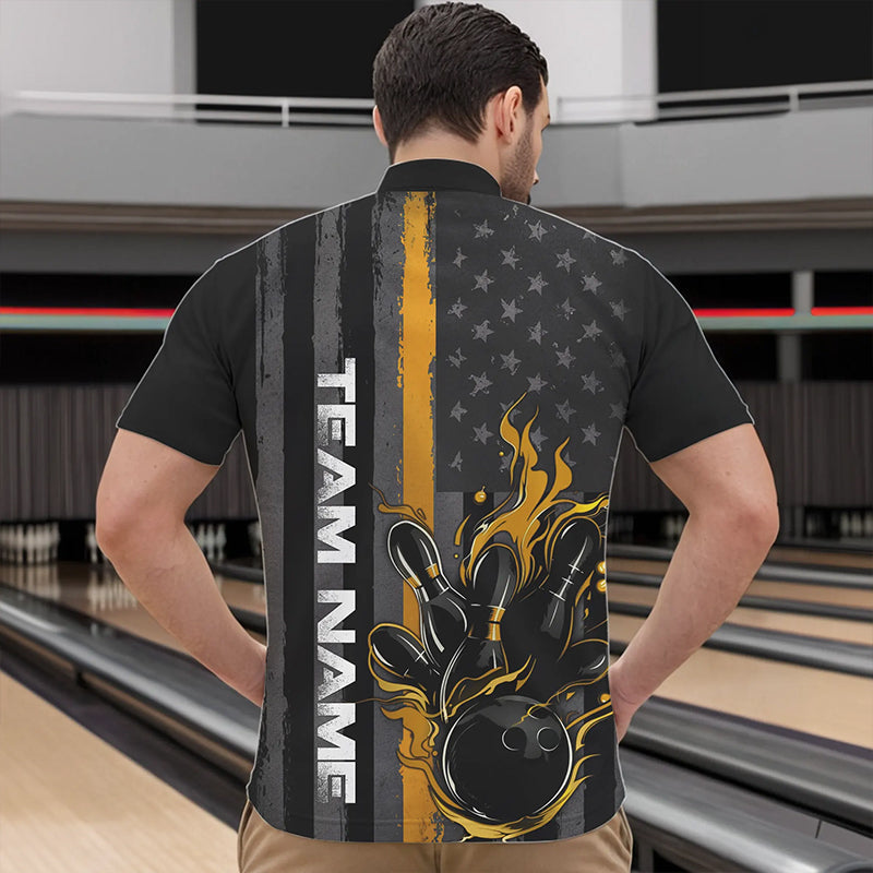 Yellow Line American Flag Custom Patriotic Flame Bowling Quarter-Zip Shirt For Men, US Bowling Shirt IPHW8636