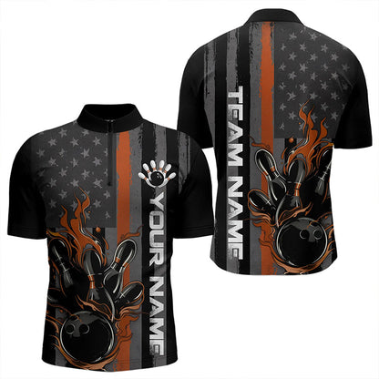 Brown Line American Flag Custom Patriotic Flame Bowling Quarter-Zip Shirts For Men, US Bowling Shirt IPHW8638