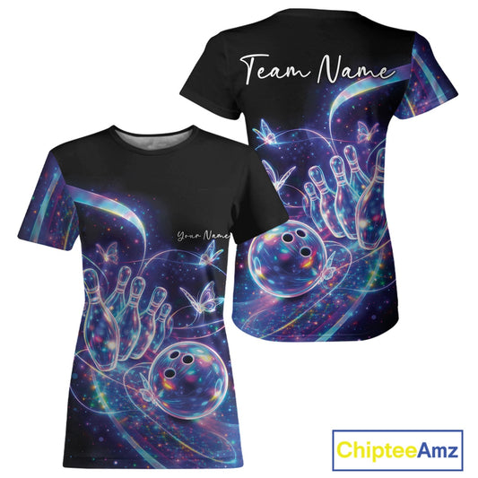 Front and back mockup of a women's black crewneck bowling T-shirt featuring starry galaxy artwork, glowing neon swirls, and hologram butterflies