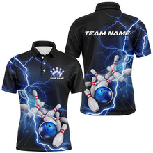 Load image into Gallery viewer, Black And Blue Thunder Lightning Custom Striking Bowling Shirts For Men, Bowling Team Uniform IPHW7540
