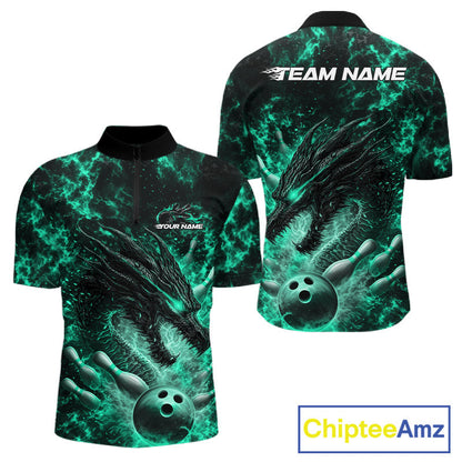 Custom Black And Green Flame Dragon Bowling Men Quarter-Zip Shirt, Dragon Bowling League Shirt IPHW10280