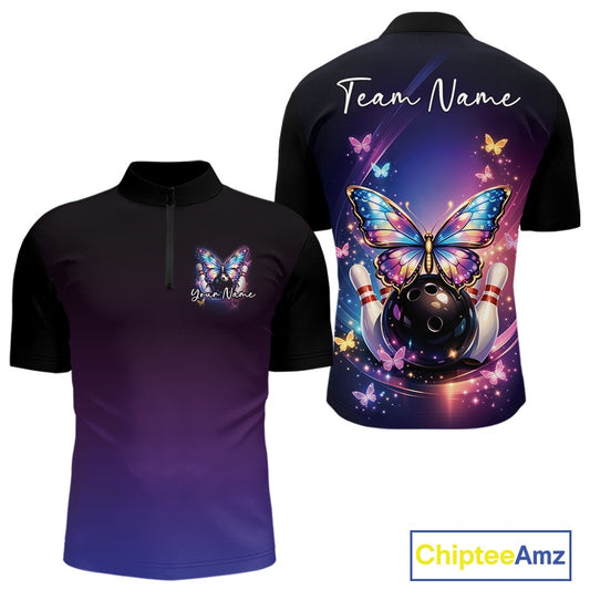 Front and back mockup of a colorful men’s bowling quarter-zip shirt featuring glowing butterflies on a bowling ball with fallen pins and cosmic graphics.