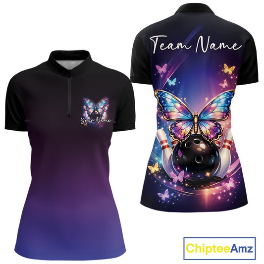 Front and back view of a colorful women’s bowling quarter-zip shirt featuring glowing butterflies on a bowling ball with fallen pins and cosmic graphics.