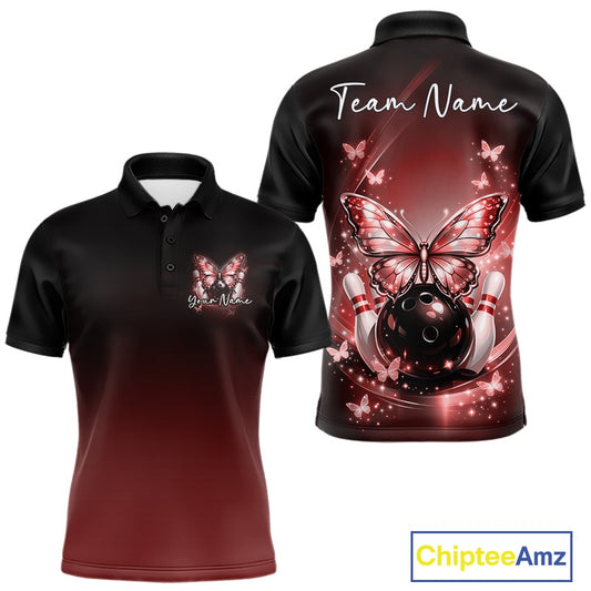 Front and back views of a red mens bowling polo shirt mockup featuring glowing butterflies around a bowling ball, fallen pins, and cosmic-themed artwork.