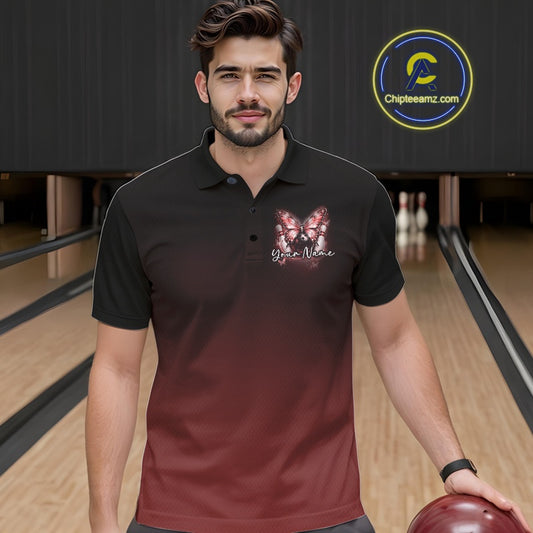 Male model wearing a red bowling polo shirt at the bowling lane with glowing butterfly graphics, a bowling ball, fallen pins, and cosmic accents.
