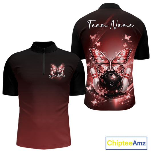 Front and back display of a red men’s bowling quarter-zip shirt featuring glowing butterflies on a bowling ball and fallen bowling pins.