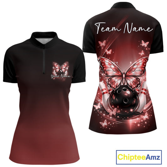 Front and back display of a red women’s bowling quarter-zip shirt featuring glowing butterflies on a bowling ball with fallen bowling pins.