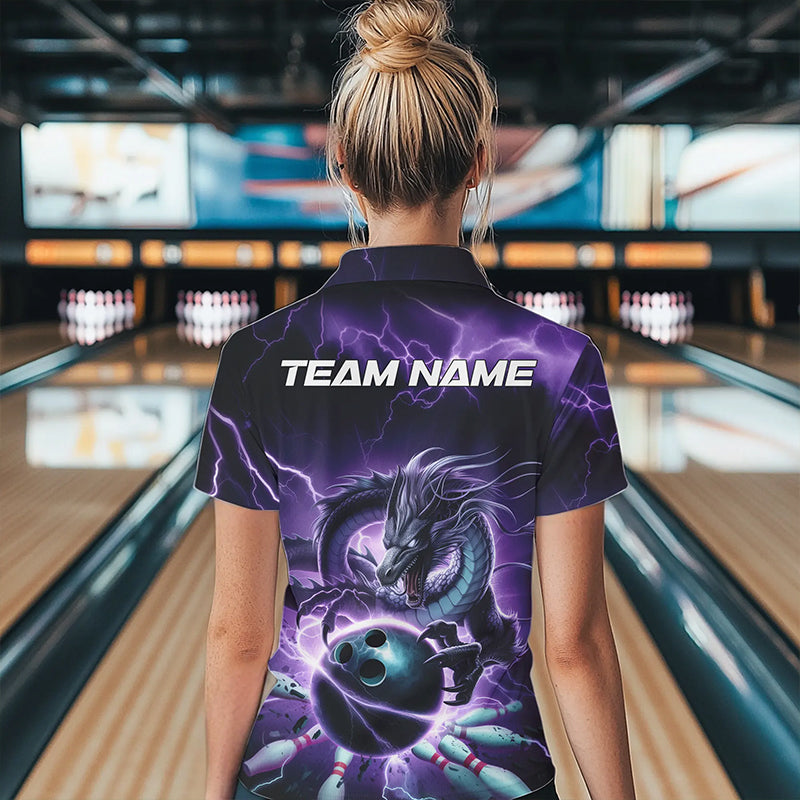 Custom Black And Purple Thunder Lightning Dragon Womens Bowling Quarter-Zip Shirts IPHW8679