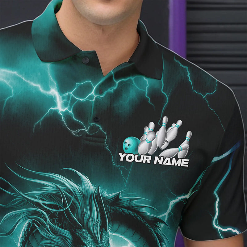 Custom Black And Blue Thunder Lightning Dragon Bowling Polo Shirts For Men, Team Uniform IPHW8680