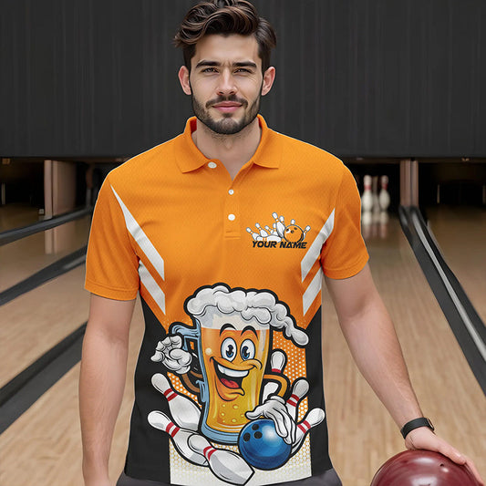 Custom Funny Beer Bowling Polo Shirts For Men, Yellow Bowling Team Bowling League Shirt IPHW8930