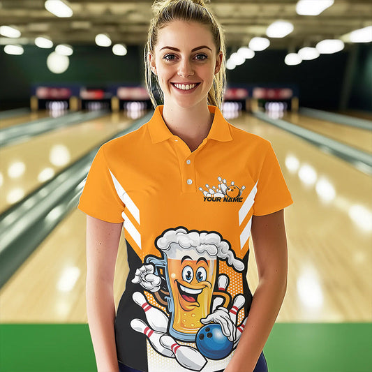 Custom Funny Beer Bowling Polo Shirts For Women, Yellow Bowling Team Bowling League Shirt IPHW8930