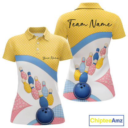 Front and back view of a women’s bowling polo shirt featuring colorful bowling balls, pins, polka dots, and patchwork-style artwork.