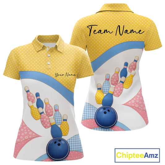 Front and back view of a women’s bowling polo shirt featuring colorful bowling balls, pins, polka dots, and patchwork-style artwork.