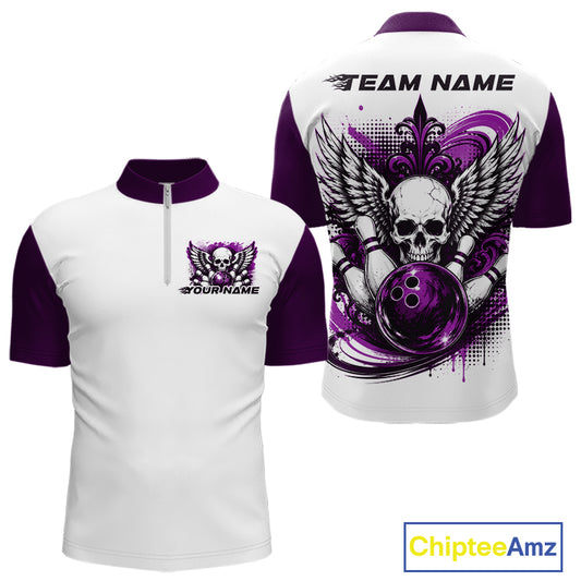 Front and back views of a white mens bowling shirt with quarter zip collar, purple skull-themed bowling graphic with black wings, pins, bowling ball