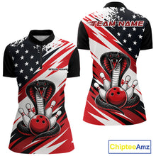 Load image into Gallery viewer, Front and back views of a black, white, and red thin line american flag bowling women quarter zip shirt with cobra artwork, bowling pins, an red ball, and customizable name text.